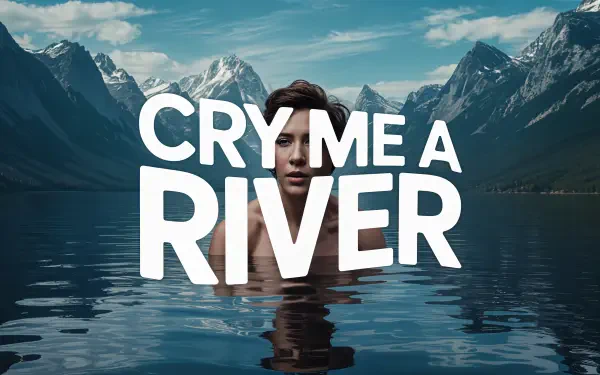 4K Ultra HD PC desktop wallpaper/background: person submerged in a calm mountain lake with bold CRY ME A RIVER text over reflective water and snow-capped peaks.