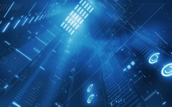 A captivating blue artistic HD wallpaper featuring illuminated patterns and geometric shapes, creating a dynamic and futuristic atmosphere.