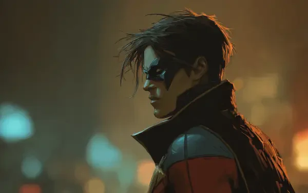 HD PC desktop wallpaper: Nightwing (DC Comics) in comic-style profile, masked and in a red-black suit, silhouetted against blurred city night lights.