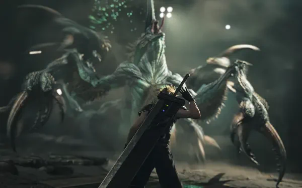 HD PC desktop wallpaper/background: Cloud Strife from Final Fantasy VII brandishing his Buster Sword, facing a towering multi‑limbed creature in a dark video game battle scene.