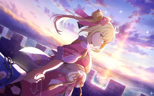 HD PC desktop wallpaper of Aiz Wallenstein from Danmachi: Sword Oratoria (Dungeon ni Deai o Motomeru no wa Machigatteiru), standing on a castle wall as the sun sets over a glowing city.