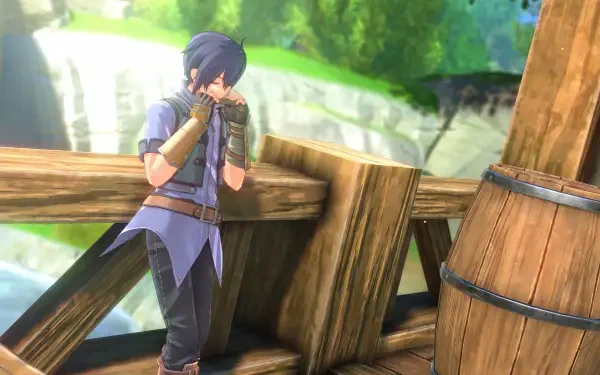 HD PC desktop wallpaper of the video game Trails in the Sky 1st Chapter: a character leaning on a wooden bridge railing with a waterfall and sunlit forest in the background.