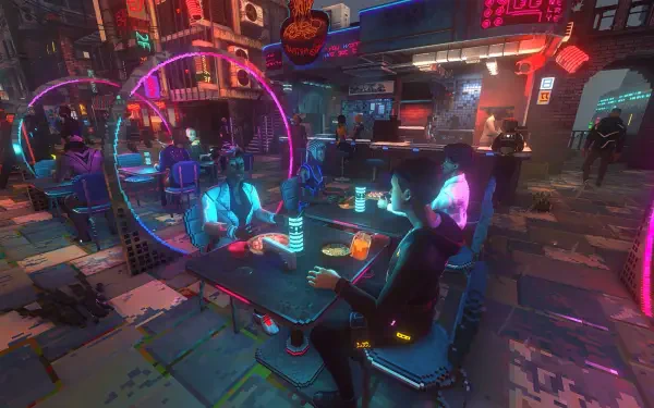 HD PC desktop wallpaper/background: Nivalis video game scene — neon-lit cyberpunk bar with circular glowing booths, patrons and holographic drinks on a rainy futuristic street.