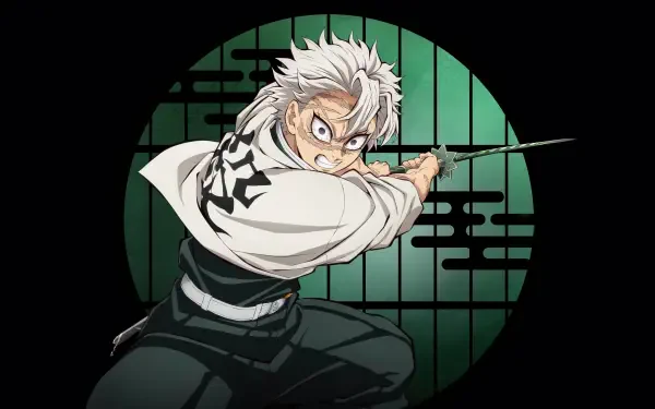 Sanemi Shinazugawa from Demon Slayer: Kimetsu No Yaiba - The Movie: Infinity Castle, crouched with sword ready against a green circular shoji backdrop — 4K Ultra HD PC wallpaper