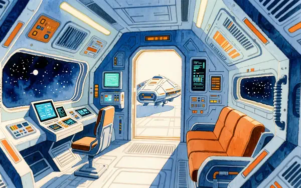 4K Ultra HD PC desktop wallpaper of a bright, stylized spaceship interior: control panels, captain's chair, orange sofa and open airlock revealing a small ship and starfield beyond.