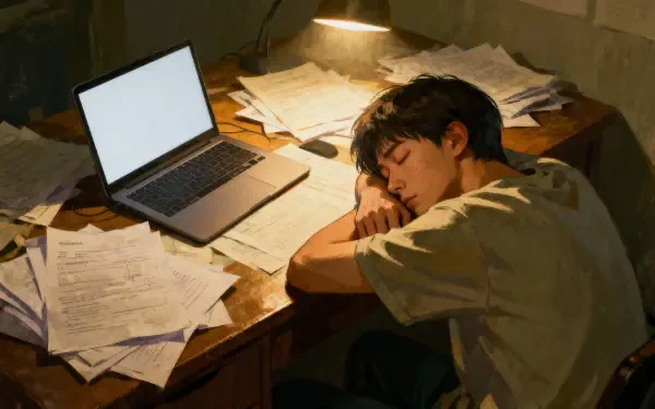 4K Ultra HD PC desktop wallpaper: sleeping, burnt-out student collapsed at a cluttered desk with laptop and scattered papers under a warm desk lamp.