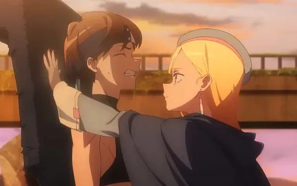 Anime — Dusk Beyond the End of the World: two characters share a warm moment on a bridge at sunset, rich golden hues, HD PC desktop wallpaper/background.