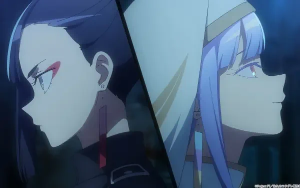 Anime HD PC desktop wallpaper — Dusk Beyond the End of the World: two characters back-to-back in profile, one dark-haired with red eye makeup, the other pale blue-haired in a hood at dusk.