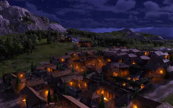 HD PC desktop wallpaper of a nighttime gaming environment village from the video game Anno 117: Pax Romana, showing lit medieval houses clustered beneath a starry sky.