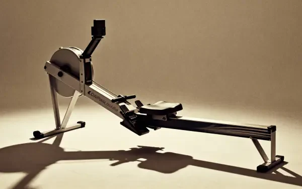 4K Ultra HD PC desktop wallpaper/background showing a single rowing machine casting a long shadow on a warm beige studio floor.