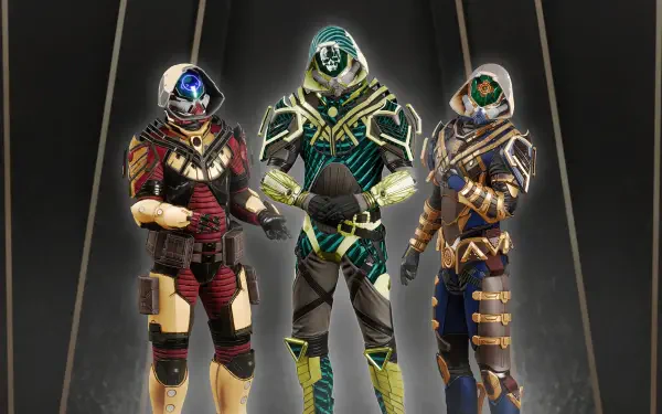 HD PC desktop wallpaper/background for the video game Void Crew: three armored, futuristic crew members in ornate, glowing suits posed against a dark, angular backdrop.