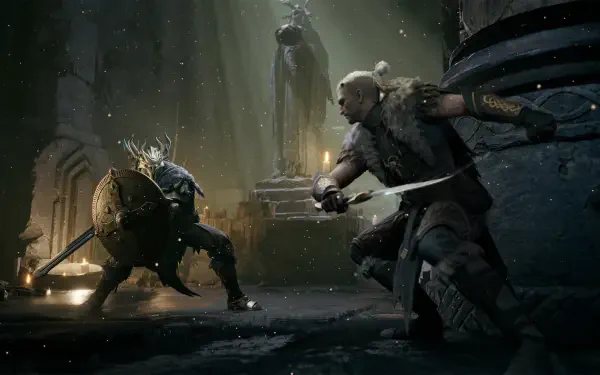 HD PC desktop wallpaper and background from the video game Mistfall Hunter — armored hunter with shield and sword clashes with a cloaked foe in a snowy, torchlit ruin.