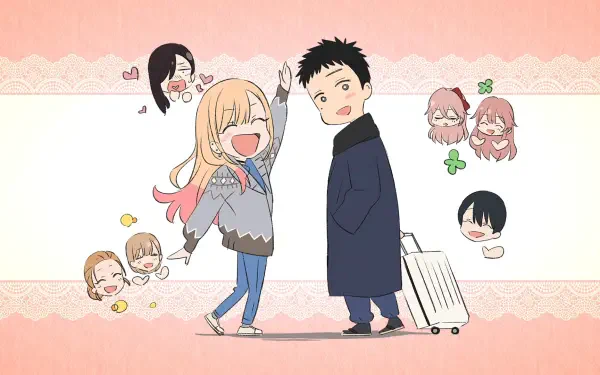 HD PC desktop wallpaper from the anime My Dress-Up Darling: Marin Kitagawa happily holding Wakana Gojo's hand as he pulls a suitcase, surrounded by playful chibi doodles.
