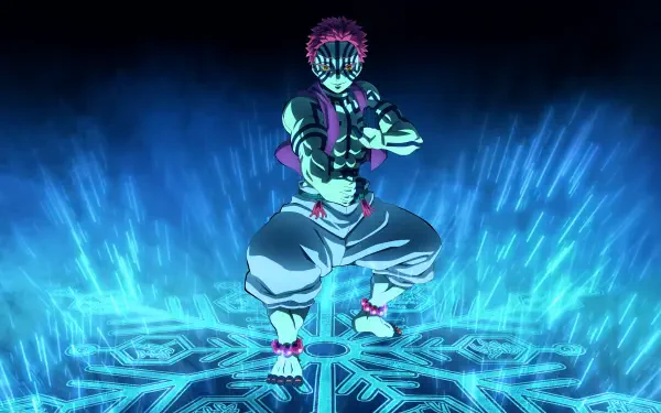 4K Ultra HD PC wallpaper of Akaza (Demon Slayer: Kimetsu no Yaiba — Infinity Castle) crouching on a glowing blue sigil, radiating energy.