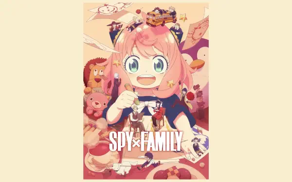 Vibrant Spy x Family 4K Ultra HD PC desktop wallpaper showing cheerful Anya Forger surrounded by toys and sweets, with the bold SPY×FAMILY logo across the lower center.