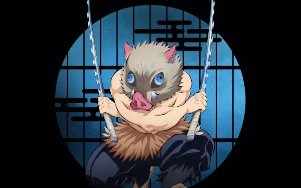 Demon Slayer: Kimetsu no Yaiba 4K Ultra HD desktop wallpaper — Inosuke in his boar mask clutching ropes, crouched before a blue, moonlit shoji window.
