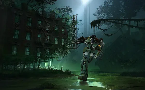 Robotech New Generation Mospeada Cyclone mech strides through misty, overgrown urban ruins, reflecting in shallow water — 4K Ultra HD PC desktop wallpaper background.