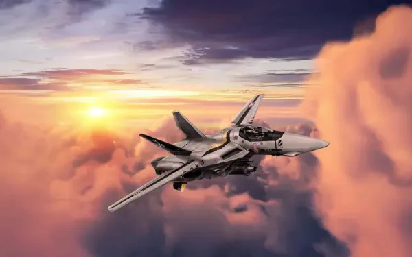 Robotech/Macross variable fighter soaring through orange-pink clouds at sunset, dramatic 8K Ultra HD PC desktop wallpaper and background.