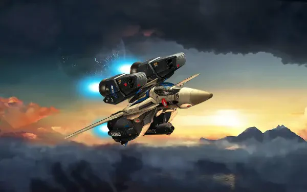 Robotech/Macross mecha fighter soaring above sunlit clouds with glowing blue thrusters and a dramatic sky — 4K Ultra HD PC desktop wallpaper.
