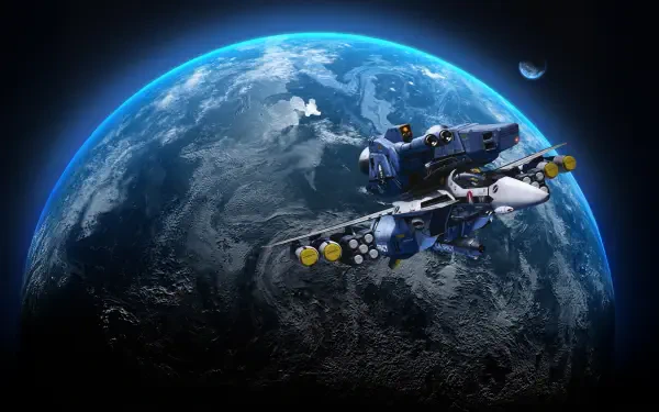 Robotech/Macross Valkyrie fighter spacecraft soaring above Earth with a distant moon and starfield — 4K Ultra HD PC desktop wallpaper background.