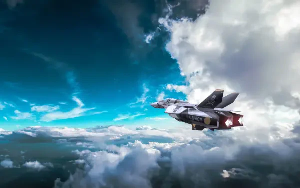 8K Ultra HD PC desktop wallpaper/background: Robotech/Macross variable fighter soars above sunlit clouds beneath a vivid blue sky.