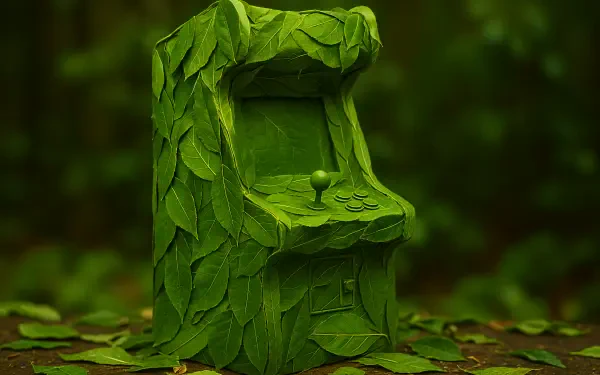 4K Ultra HD PC desktop wallpaper: an arcade machine overgrown with green leaves, joystick peeking out, resting in a lush forest clearing.