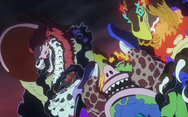 Anime One Piece 4K Ultra HD PC desktop wallpaper depicting monstrous devil-fruit transformations: vivid swirling colors, snarling faces, flames and strange oceanic energy.