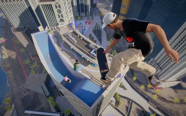HD PC desktop wallpaper and background from Skate (video game): skateboarder launches an aerial trick over a rooftop skate park surrounded by towering city skyscrapers.