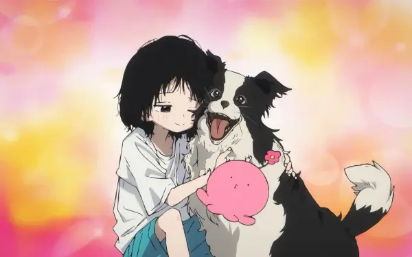 Anime HD PC desktop wallpaper from Takopi's Original Sin: a girl hugs a border collie dog and a pink plush toy against a dreamy pastel background.