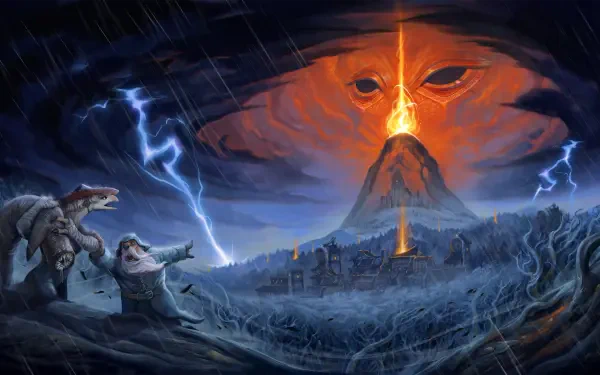 Against the Storm — 4K Ultra HD PC Desktop Wallpaper and Background. A molten-eyed volcano erupts beneath a stormy sky; lightning, driving rain, a besieged city and figures fleeing a windswept ridge.