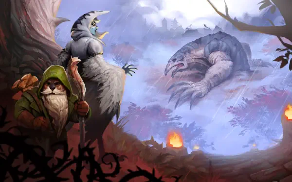 Against the Storm — 4K Ultra HD PC Desktop Wallpaper and Background: hooded gnome and giant bird face a colossal armored beast looming over a misty, ember-lit forest.