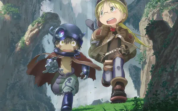 HD PC desktop wallpaper of Riko and Regu (Made in Abyss) racing across a sunlit cliffside, laughing and holding hands as friends on an adventure.