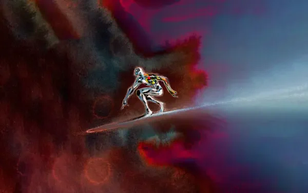 Silver Surfer (Marvel Comics) rides his board through a swirling cosmic nebula — vibrant 4K Ultra HD PC desktop wallpaper background.