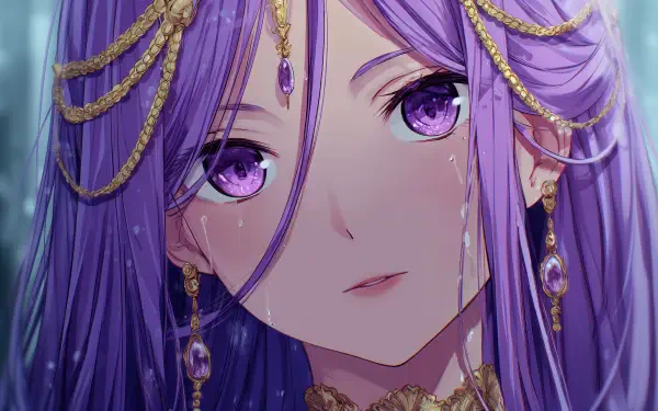 4K Ultra HD PC desktop wallpaper: anime girl with long violet hair and striking purple eyes, wearing ornate gold jewelry and a delicate, enigmatic expression.