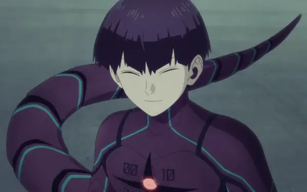 HD PC wallpaper of Soushirou Hoshina from Kaiju No. 8: anime portrait in a dark purple suit, eyes closed with a calm smile, a segmented tail-like appendage curling behind him.