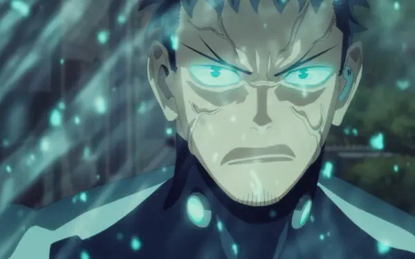 Anime HD PC desktop wallpaper/background featuring Kafka Hibino from Kaiju No. 8 — intense close-up with glowing cyan eyes, rain-soaked face and teal particle effects.