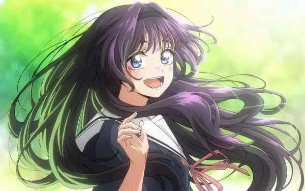 Anime HD PC desktop wallpaper of Kaoruko Waguri from The Fragrant Flower Blooms With Dignity: windswept, smiling schoolgirl with long purple hair against a bright green sunlit background.