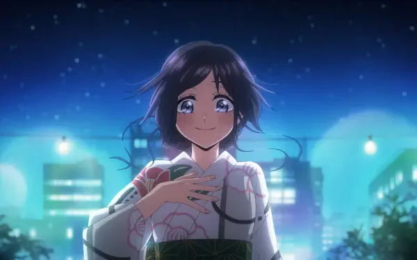 HD PC desktop wallpaper of Kaoruko Waguri (The Fragrant Flower Blooms With Dignity): anime portrait smiling with glistening eyes, clutching flowers against a luminous night cityscape.