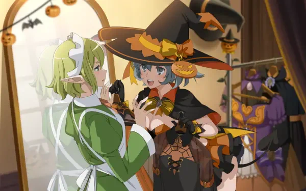 HD PC anime wallpaper from Is It Wrong to Try to Pick Up Girls in a Dungeon? showing Ryu Lion as a witch and Syr Flova in a maid outfit in a Halloween-decorated room.
