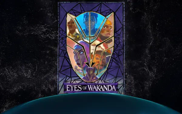Eyes of Wakanda 5K Ultra HD PC desktop wallpaper: stained-glass Wakandan mask with layered character portraits against a starfield and curved horizon.