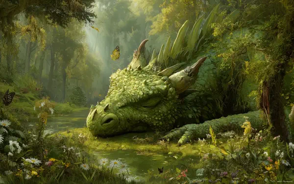 4K Ultra HD PC desktop wallpaper: a fantasy scene of a sleeping green dragon in a sunlit, mossy forest clearing, butterflies and wildflowers gathered around a tranquil pool.