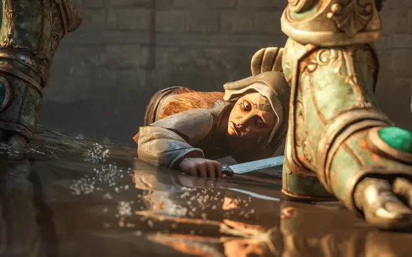 Cinematic scene from the video game Crisol: Theater of Idols — hooded figure on a reflective wet floor clutching a dagger beneath an ornate armored sentinel. 2K Quad HD PC desktop wallpaper.