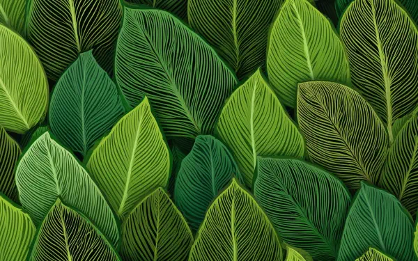 Artistic 4K Ultra HD PC desktop wallpaper: layered green leaf pattern with fine vein lines creating a rhythmic, textured botanical design.