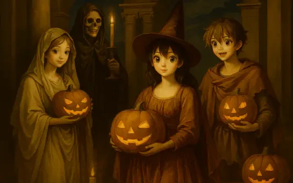 Anime Halloween scene: three kids in costumes and a hooded skeleton holding carved jack-o'-lanterns in a warm candlelit hall — 4K Ultra HD PC desktop wallpaper and background.