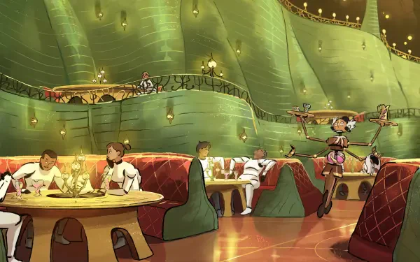 HD PC desktop wallpaper of a TV show scene from Star Wars: Visions — animated green, curved diner interior with booths, diners and hovering servers under warm lantern lighting.