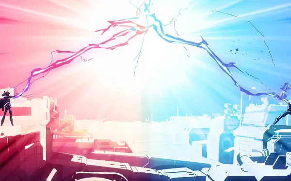 2K Quad HD PC desktop wallpaper from TV show Star Wars: Visions — two silhouetted duelists on rooftops unleash converging red and blue energy beams across a split lightscape.