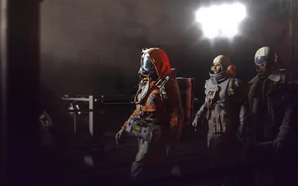 4K Ultra HD PC desktop wallpaper: ARC Raiders TV show heroes in futuristic gaming armor stride through a dim, industrial corridor.