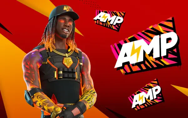 HD Fortnite PC wallpaper of a celebrity streamer character in gold chains and tactical gear against a red-orange background accented with bold AMP logos.