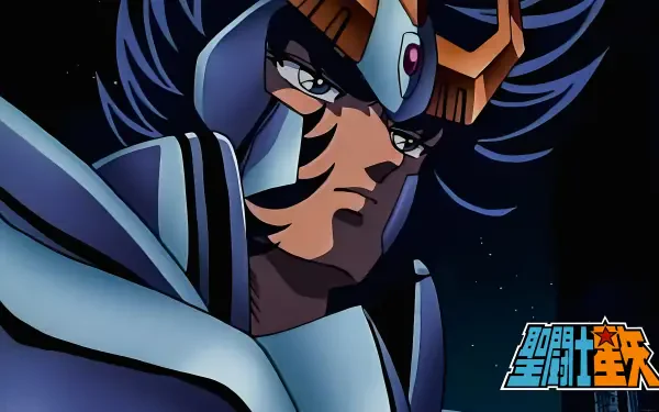 Anime close-up of Phoenix Nero from Saint Seiya in 4K Ultra HD, armored helmet and fiery facial markings against a starry cosmic background — PC desktop wallpaper.