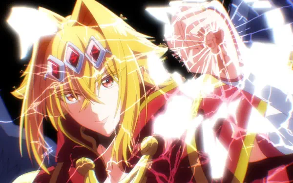 HD PC wallpaper of Lufas Maphaahl from A Wild Last Boss Appeared! — golden-haired, jewel-crowned sorcerer raising a crackling magical fist amid bright, fractured light